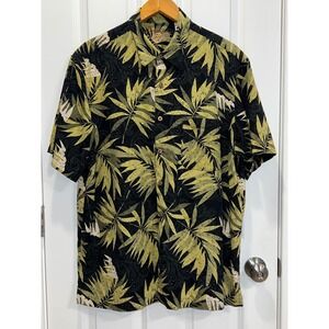 Caribbean Mens XL Silk Cotton Tropical Palm Leaf Paisley Button Down Shirt Green